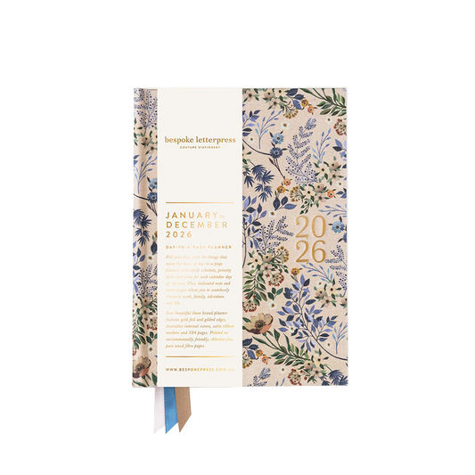 2026 linen bound diary planner day to a page - blue buds