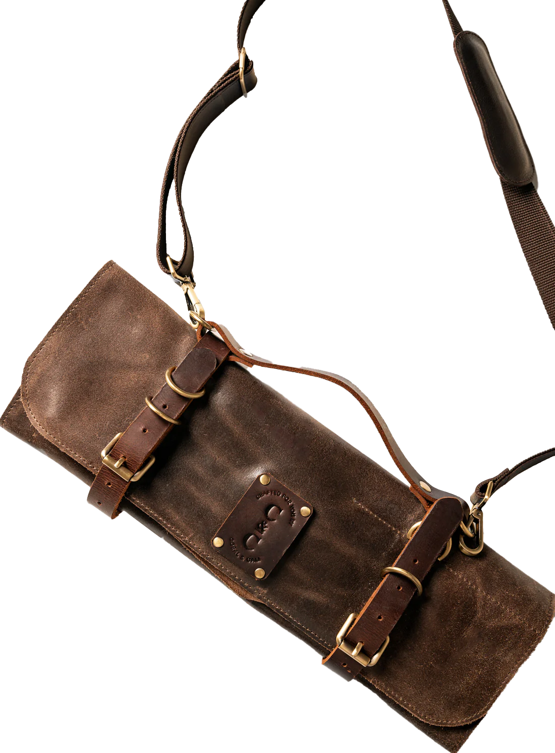 Leather six knife roll chocolate brown