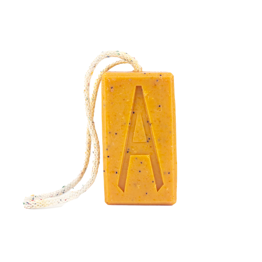 Aermeda annatto & citrus scrub soap on rope
