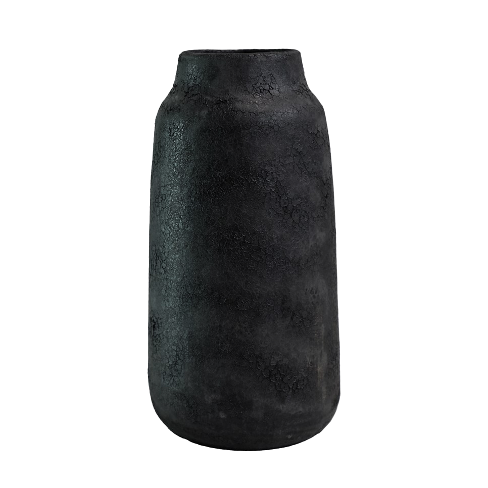 Aged earthenware tall wide mouth vessel black 37cm