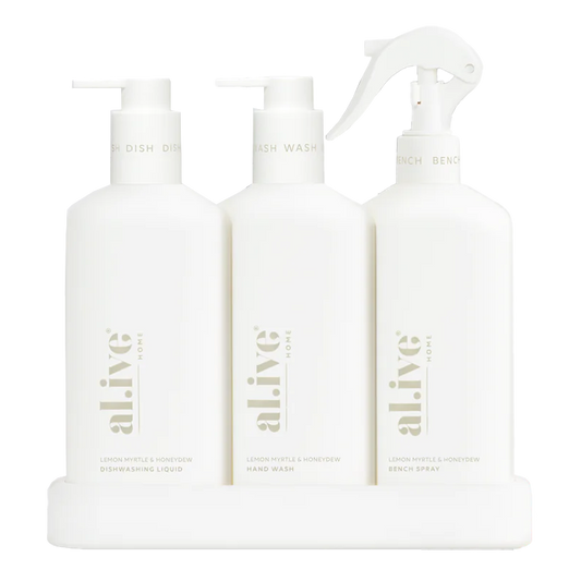 Al.ive kitchen hand wash + dish wash + bench spray trio lemon myrtle & honeydew