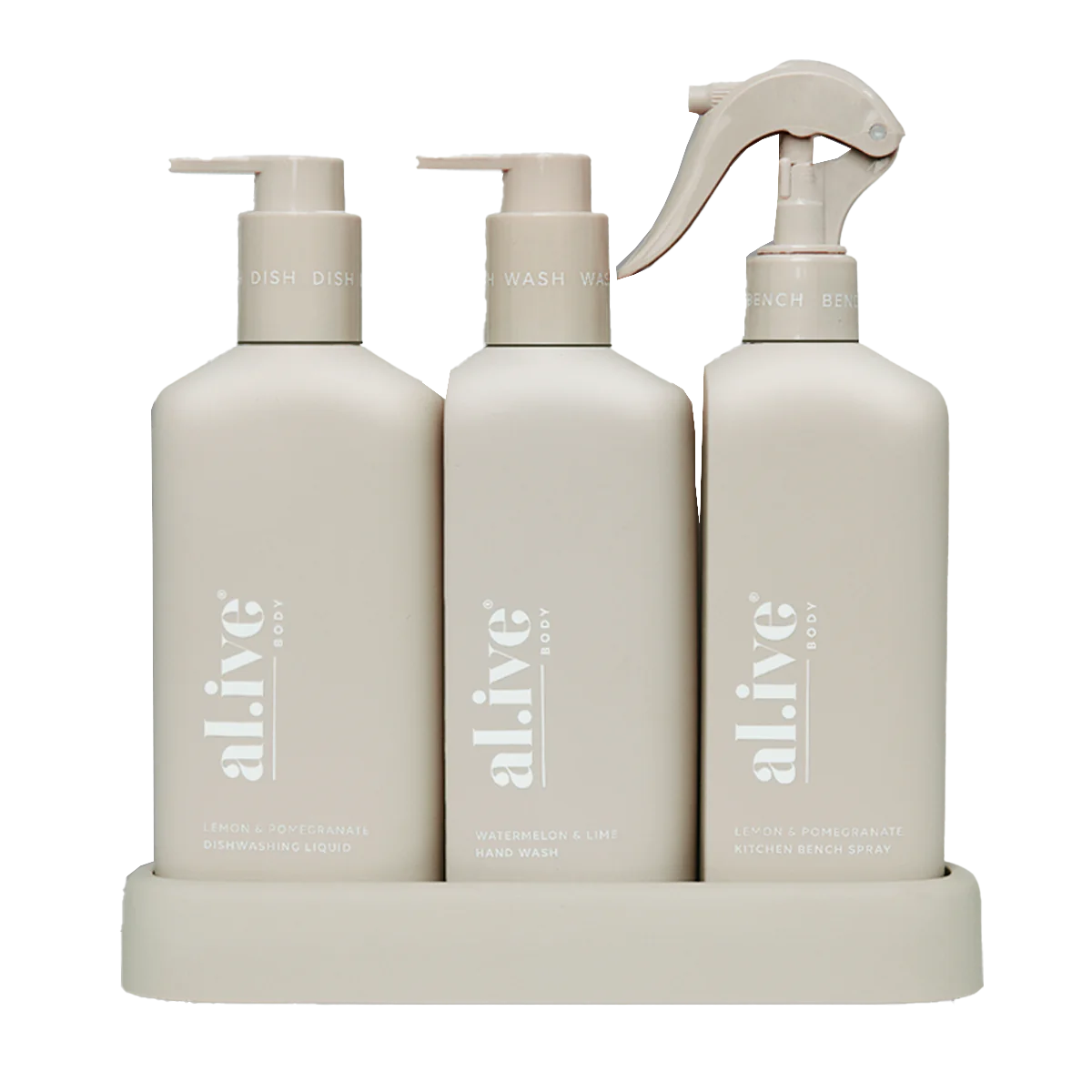 Al.ive kitchen hand wash + dish wash + bench spray trio lemon & pomegranate