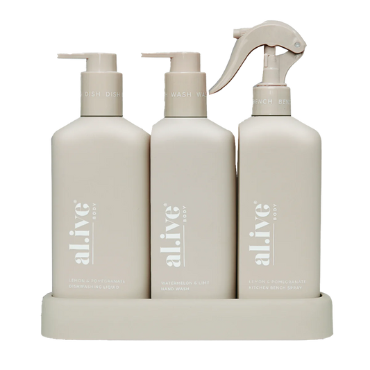 Al.ive kitchen hand wash + dish wash + bench spray trio lemon & pomegranate