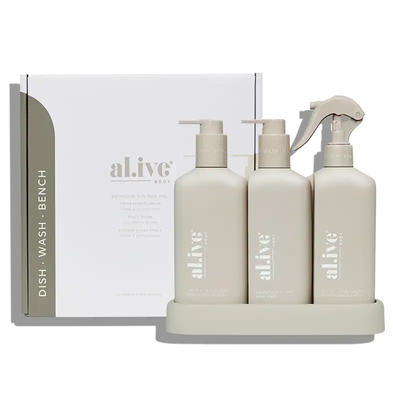 Al.ive kitchen hand wash + dish wash + bench spray trio lemon & pomegranate