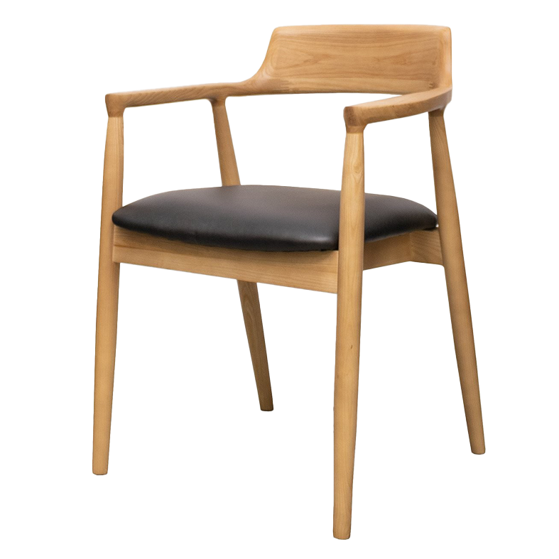 Ash wood dining chair with arms & leather seat black