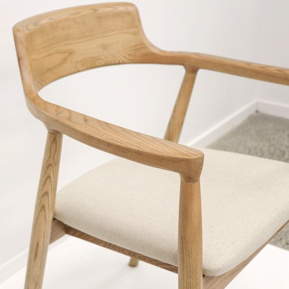 Ash wood dining chair with arms & upholstered seat