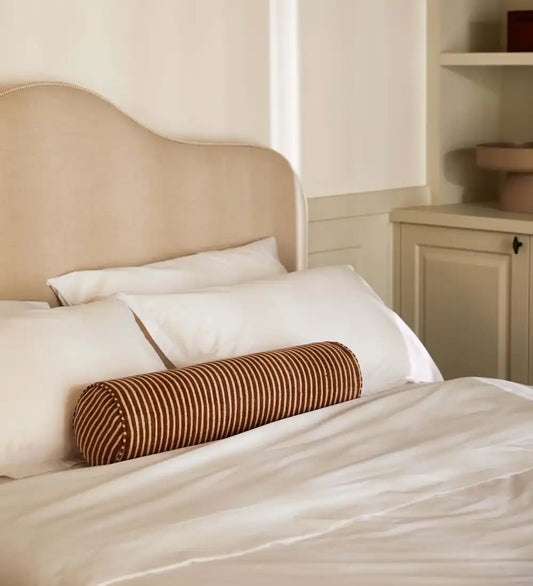 Margot linen striped bolster cushion 60cm clay