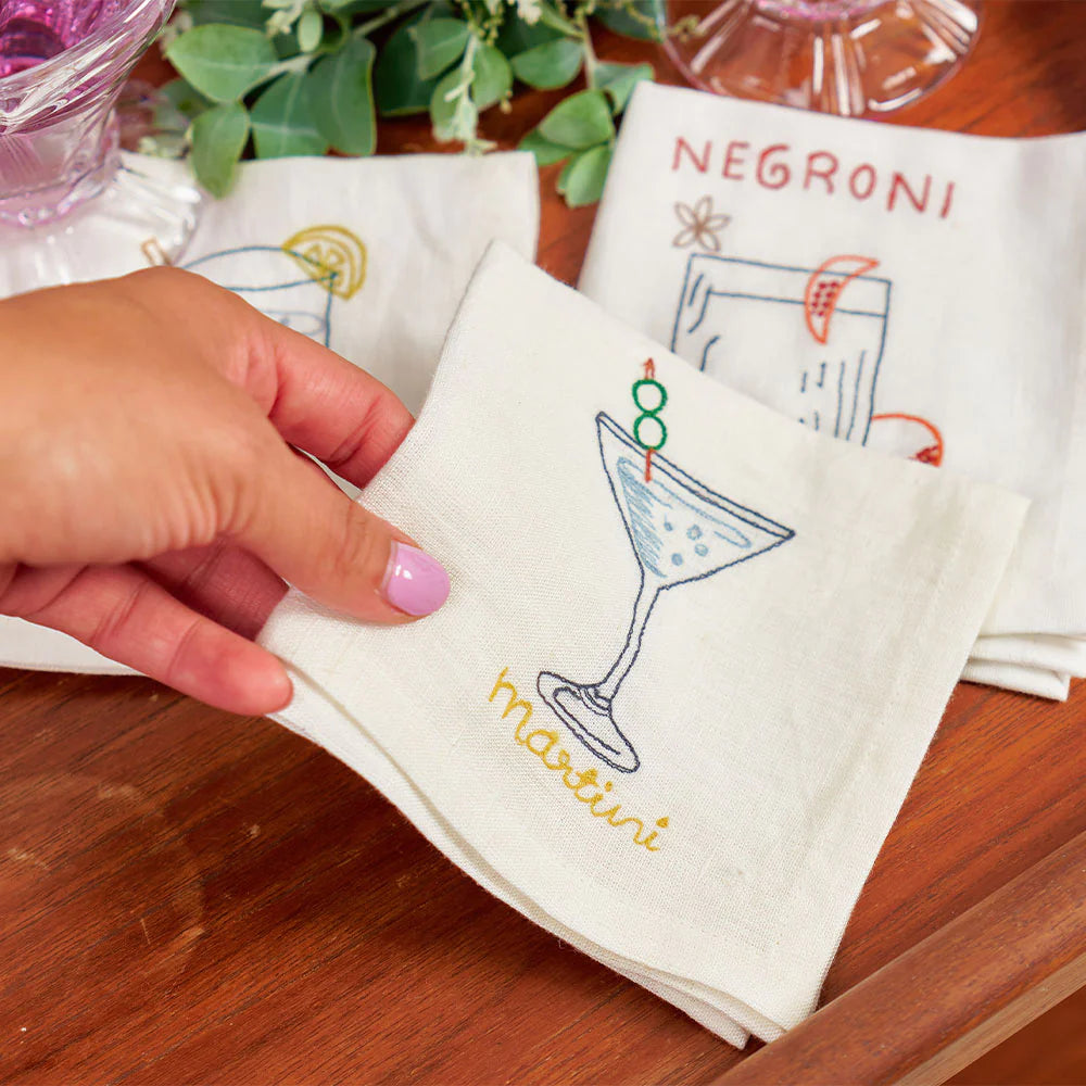 Martini hand embroidered cotton cocktail napkin