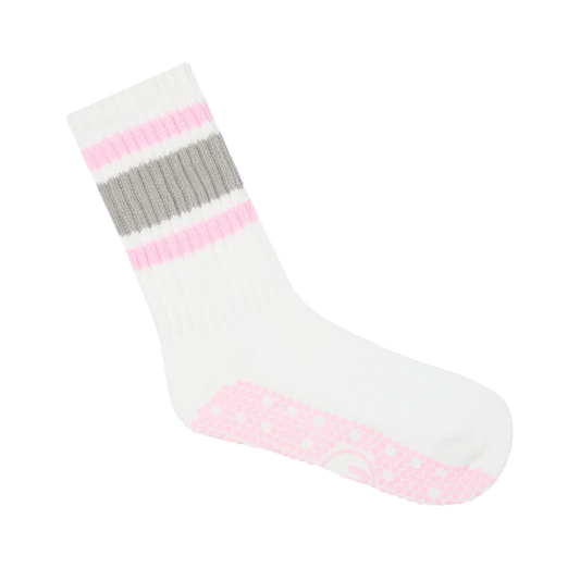 Crew pilates grip sock grey pink stripes