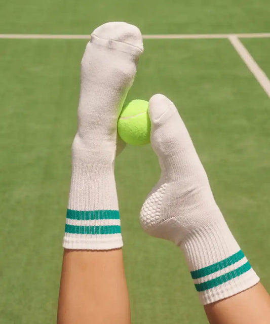 Crew pilates grip socks racquet green stripes