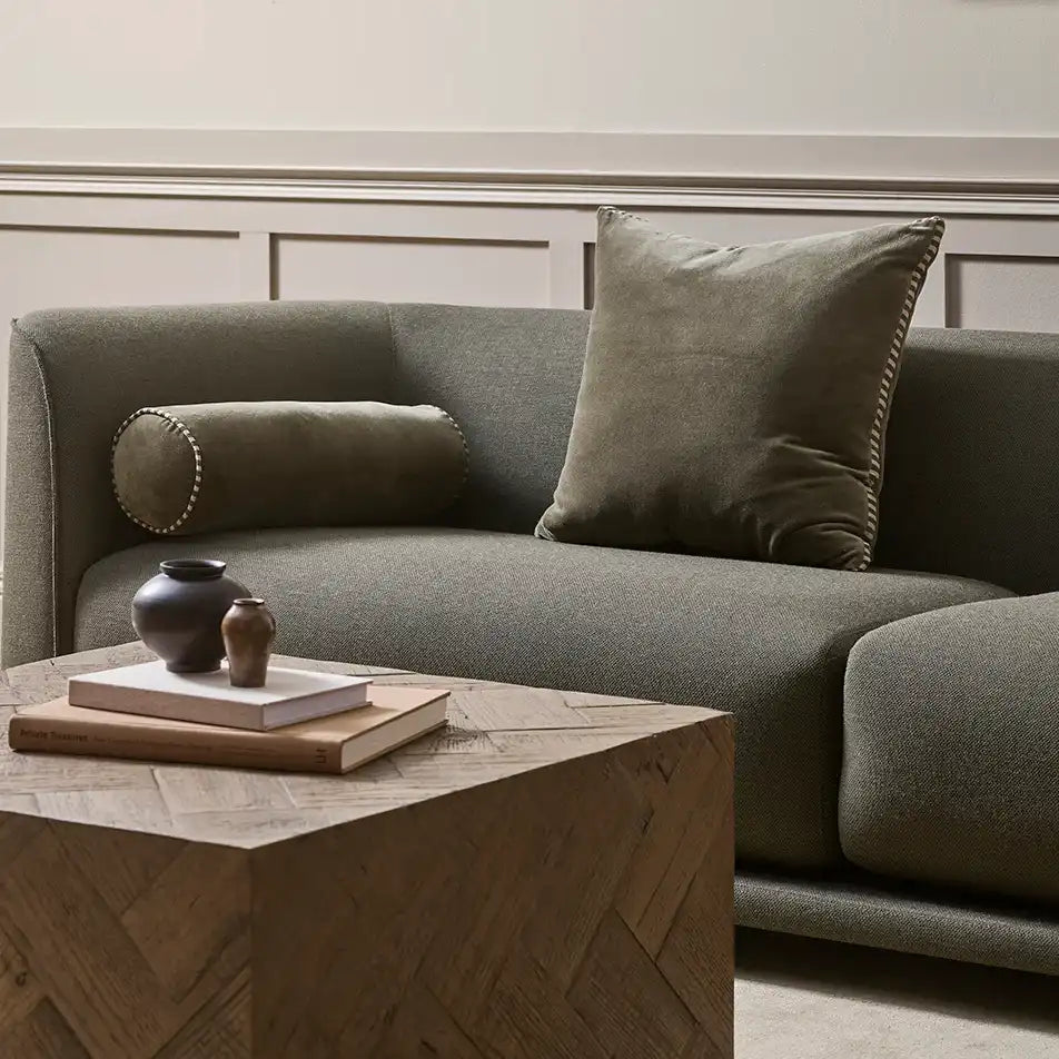 Edward velvet bolster cushion with striped piping 50cm thyme