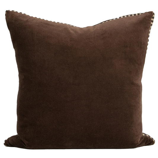 Edward velvet cushion cover with striped edge 50cm chocolate