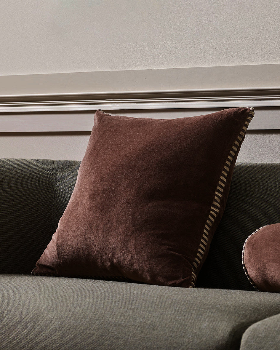 Edward velvet cushion cover with striped edge 50cm chocolate