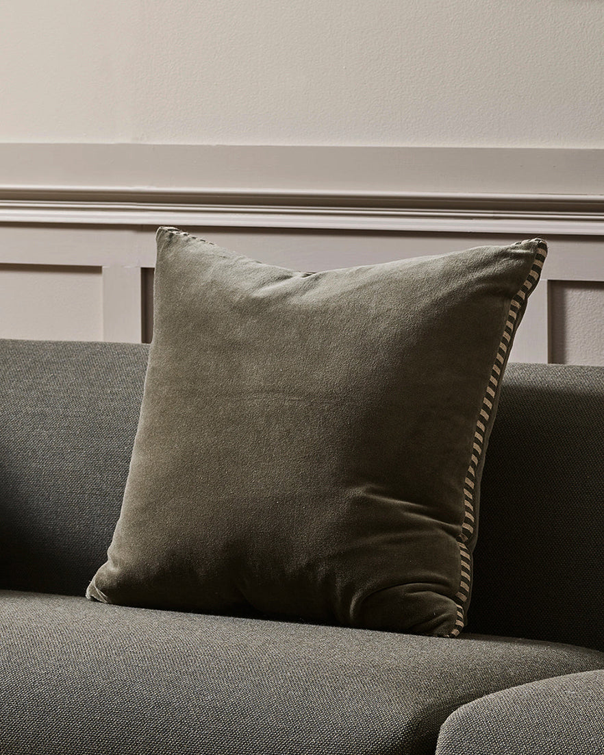 Edward velvet cushion cover with striped edge 50cm thyme