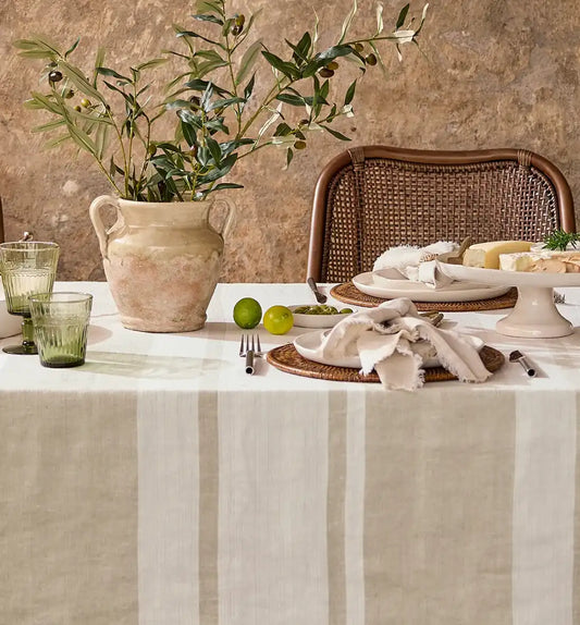 Eva heavy linen striped tablecloth with fringe edge 280cm