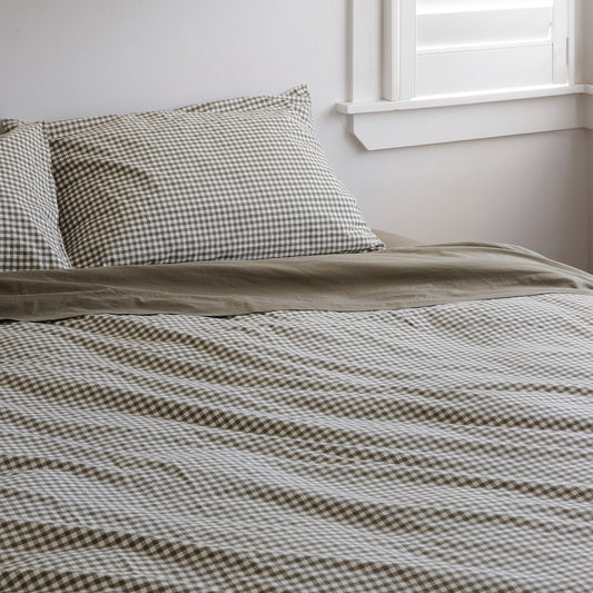 Gingham organic cotton duvet olive