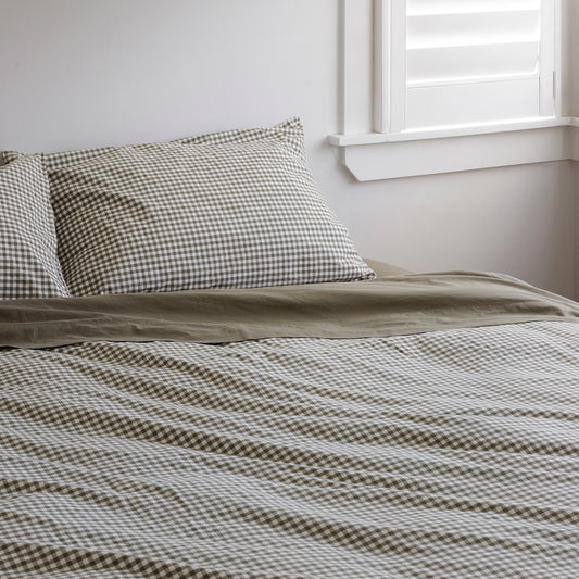 Gingham organic cotton pillowcase pair olive