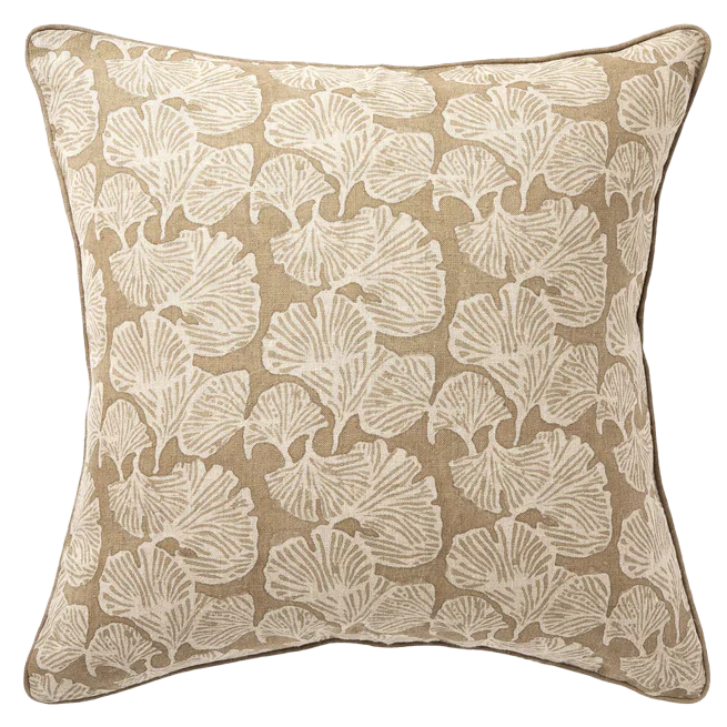 Ginkgo block printed linen cushion cover 50cm mocha