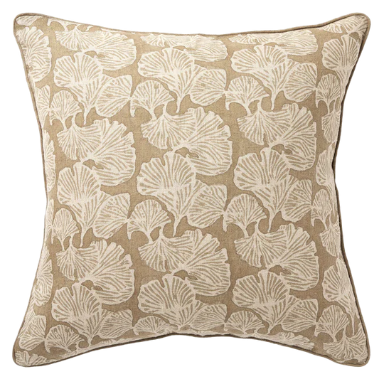 Ginkgo block printed linen cushion cover 50cm mocha