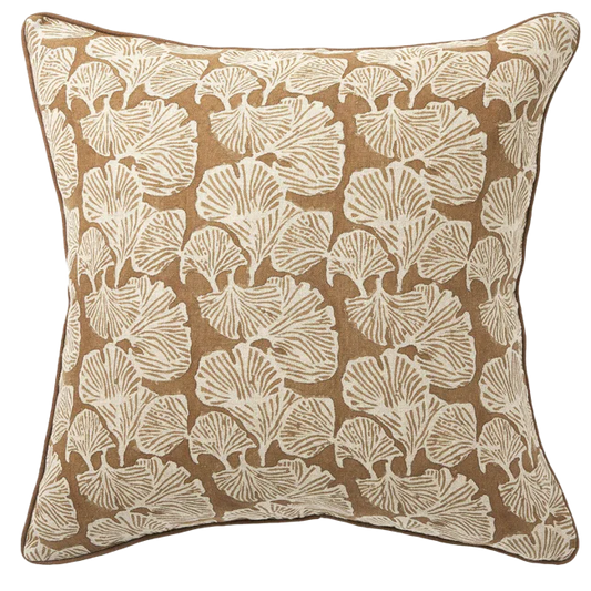 Ginkgo block printed linen cushion cover 50cm bronze