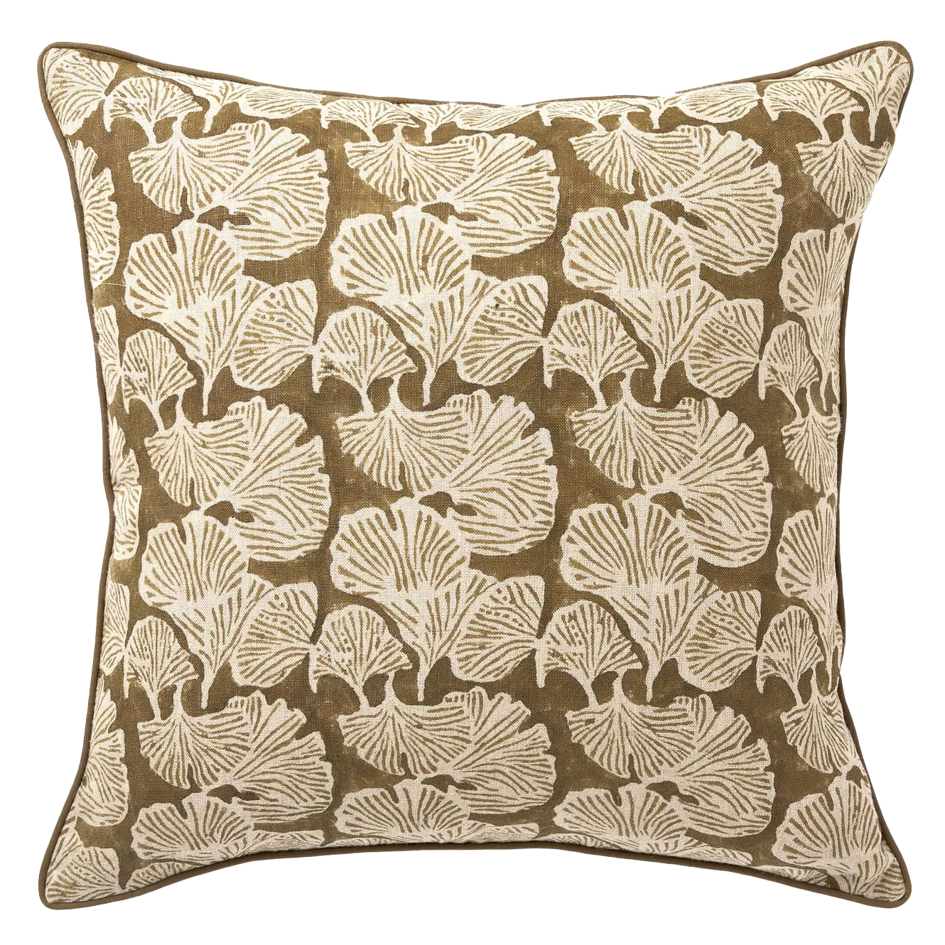 Ginkgo block printed linen cushion cover 50cm khaki