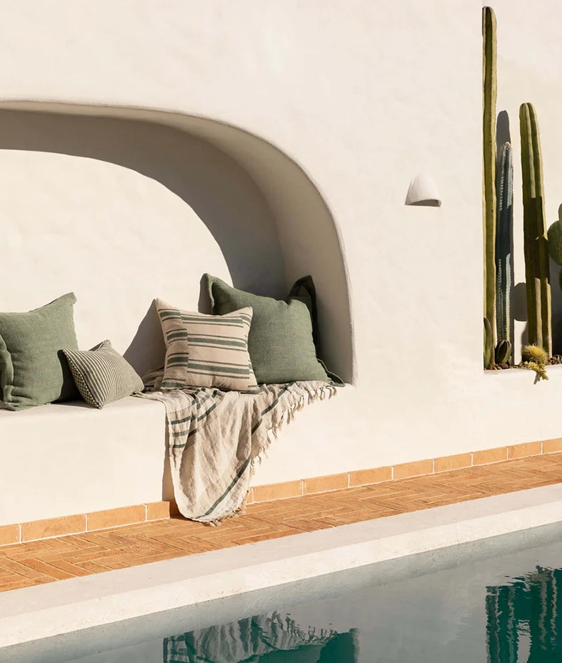 Lagos block print linen cushion cover 50cm jade