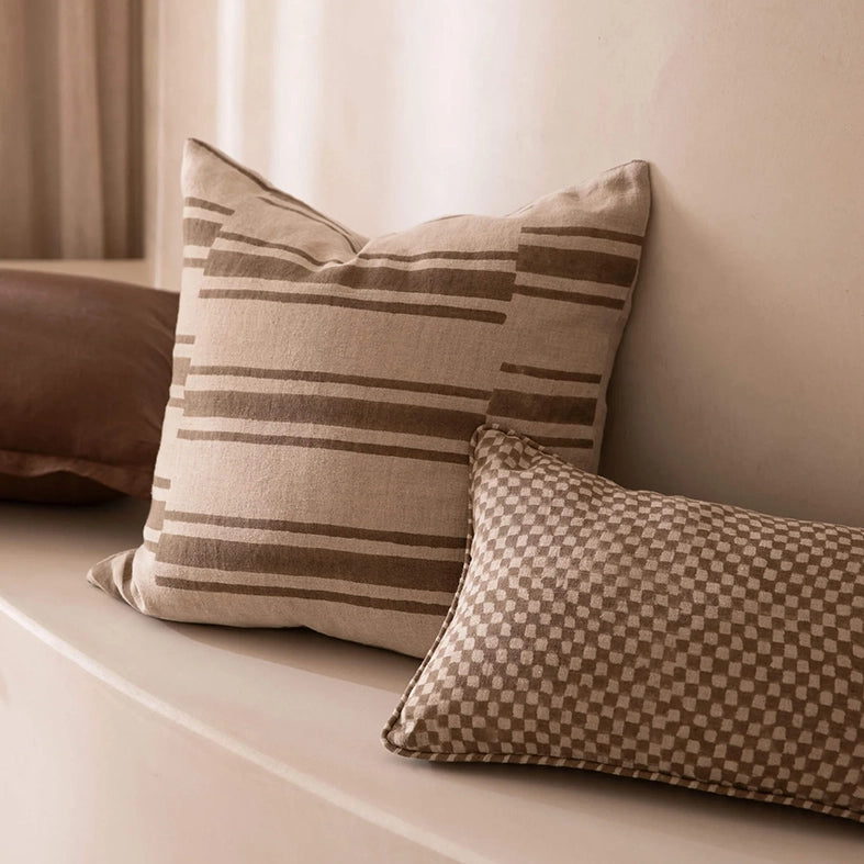 Lagos block print linen cushion cover 50cm mocha