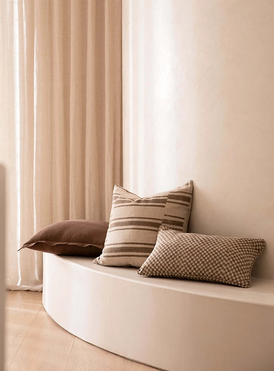 Lagos block print linen cushion cover 50cm mocha