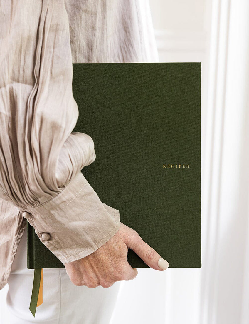 Linen bound recipe book journal basil green