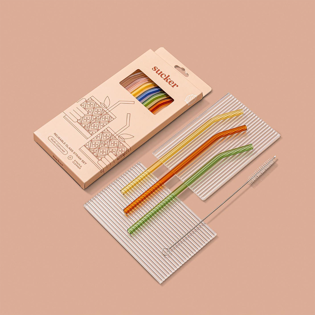 Multi coloured glass drinking straw set (6)