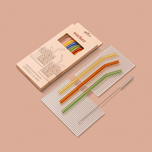 Multi coloured glass drinking straw set (6)