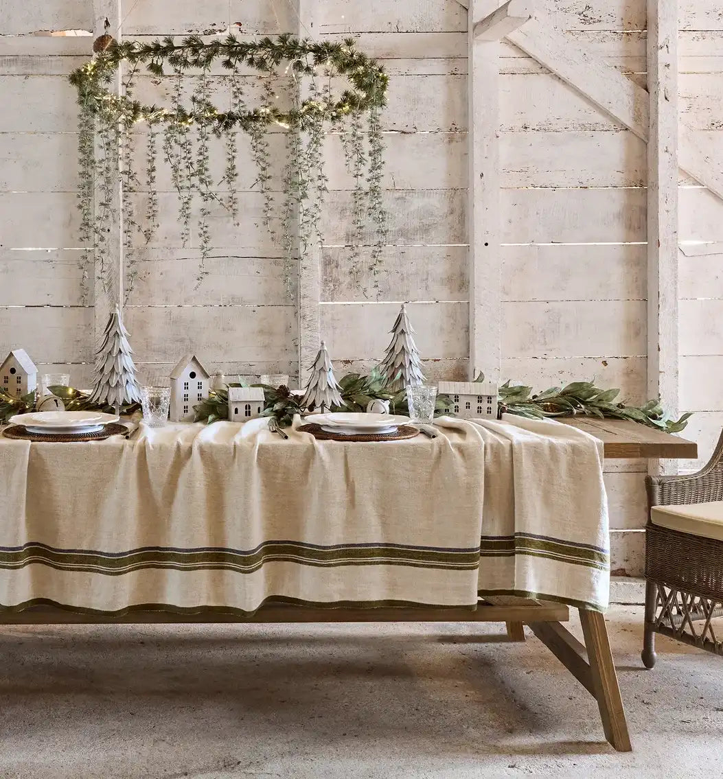 Natural heavy linen tablecloth with green selvedge 250cm