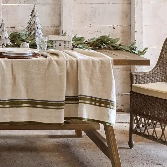 Natural heavy linen tablecloth with green selvedge 250cm