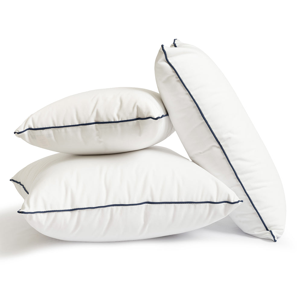 Outdoor white scatter cushion with navy piping 46cm square