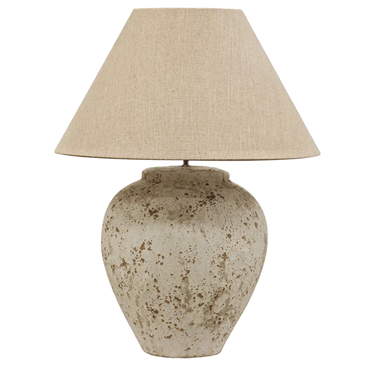 Rustic terracotta lamp with raw linen shade