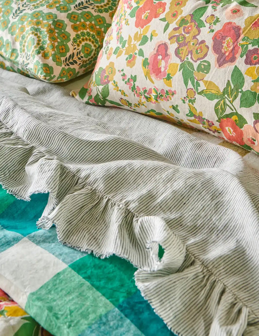 SOW pinstripe linen flat sheet with ruffle