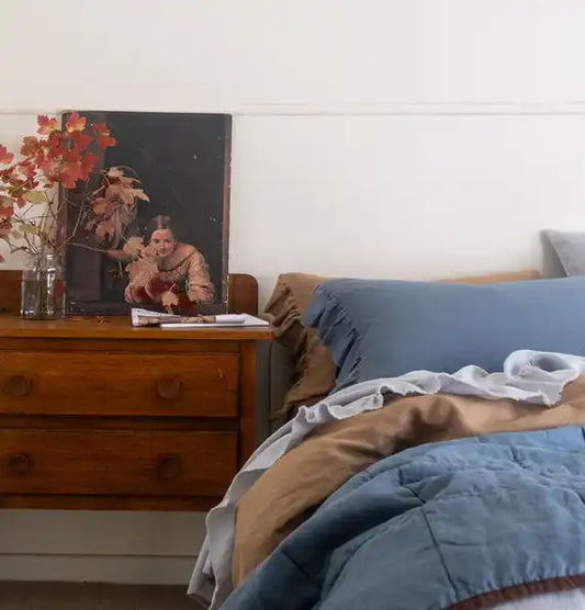 SOW linen pillowcase set with ruffle blue jean