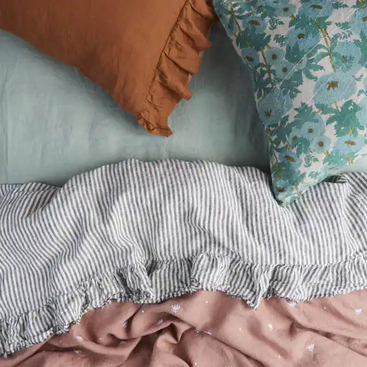 SOW charcoal stripe linen flat sheet with ruffle