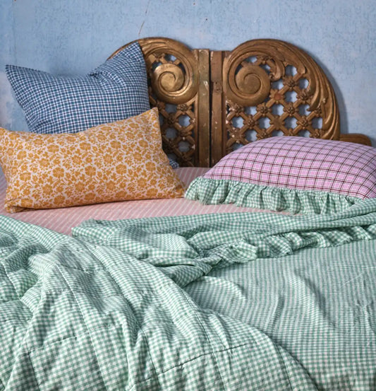 SOW fresco gingham mint linen flat sheet