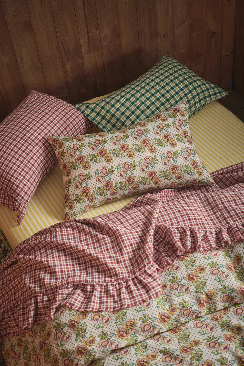 SOW gingham pillowcases with ruffle grevillea check