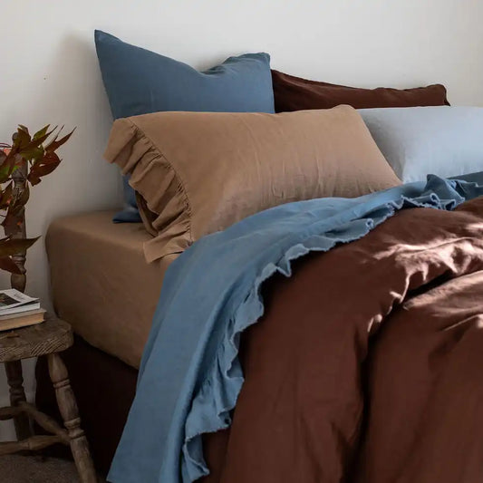 SOW linen flat sheet with ruffle blue jean