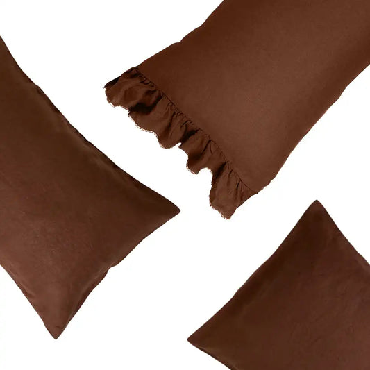 SOW linen pillowcase set with ruffle chocolate