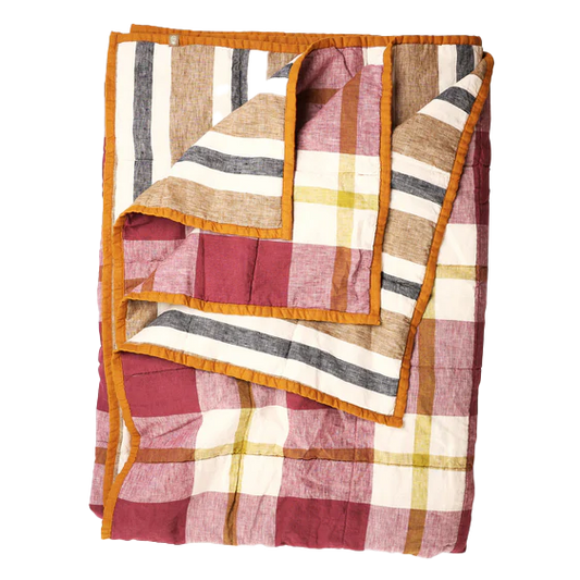 SOW taupe stripe & plum check double sided linen quilt 160 x 240cm