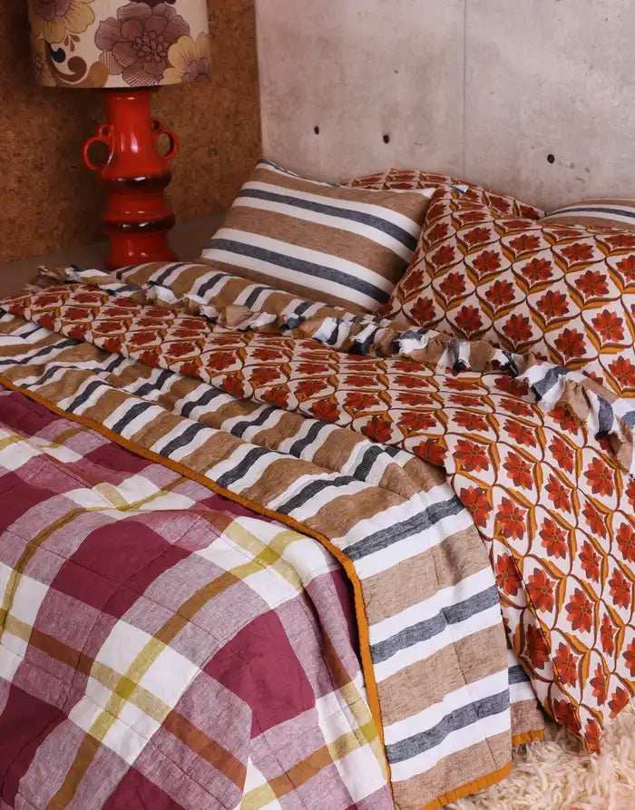 SOW taupe stripe & plum check double sided linen quilt 160 x 240cm