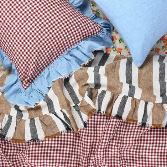 SOW taupe stripe linen flat sheet with ruffle