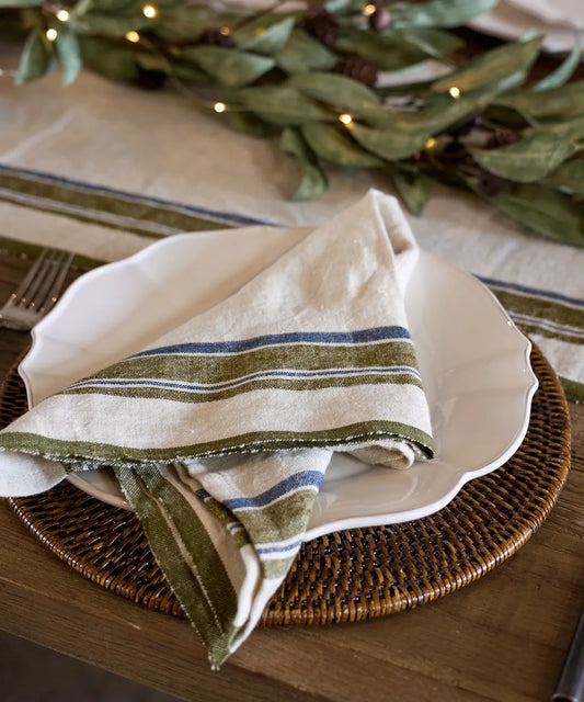 Natural heavy linen runner with selvedge green 180cm