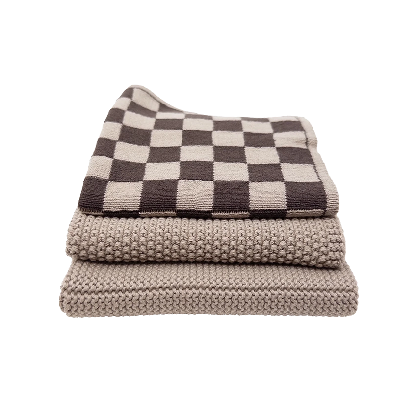 Set of 3 organic cotton knitted cloths chocolate and hummus