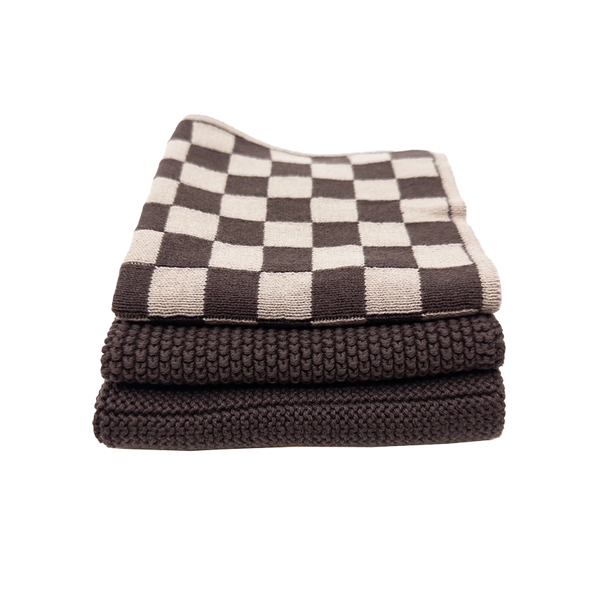 Set of 3 organic cotton knitted cloths chocolate check