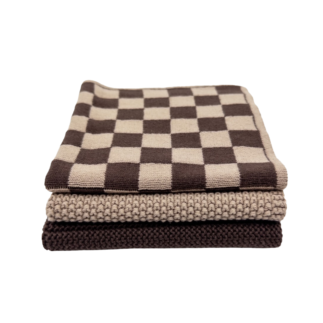 Set of 3 organic cotton knitted cloths chocolate & latte