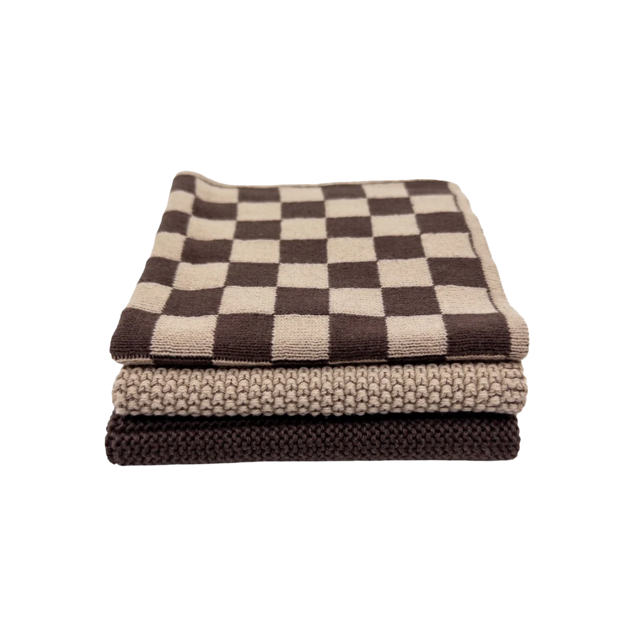 Set of 3 organic cotton knitted cloths chocolate & latte